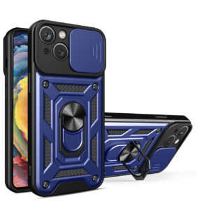 Hybrid Armor Camshield case for iPhone 14 armored case with camera cover blue
