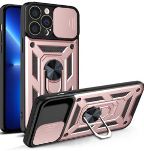 Hybrid Armor Camshield case for iPhone 13 Pro armored case with camera cover pink