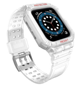 Protect Strap Band with Case for Apple Watch 7 / SE (45/44 / 42mm) Case Armored Watch Cover White Transparent