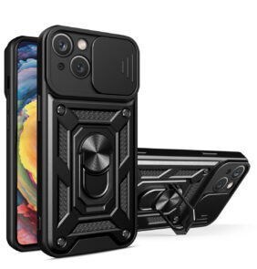Hybrid Armor Camshield case with stand and camera cover for iPhone 15 - black