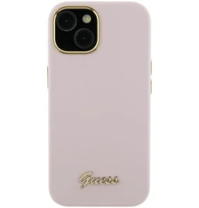 Guess Silicone Script Metal Logo & Frame case for iPhone 15 Pro Max - pink
