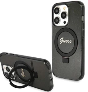 Guess Ring Stand Script Glitter MagSafe case for iPhone 15 Pro Max - black