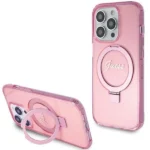 Guess Ring Stand Script Glitter MagSafe case for iPhone 15 Pro Max - pink