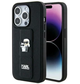 Karl Lagerfeld Gripstand Saffiano Karl&Choupette Pins case for iPhone 14 Pro Max - black