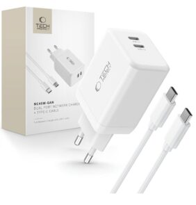 TECH-PROTECT NC45W-GAN 2-PORT NETWORK CHARGER PD 45W + TYPE-C CABLE WHITE