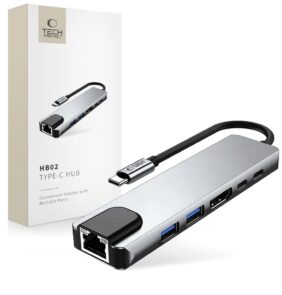 TECH-PROTECT HB02 HUB ADAPTER 6IN1 TYPE-C + USB2.0 + USB3.0 + HDMI 4K 30HZ + RJ45 + PD100W SPACE GREY