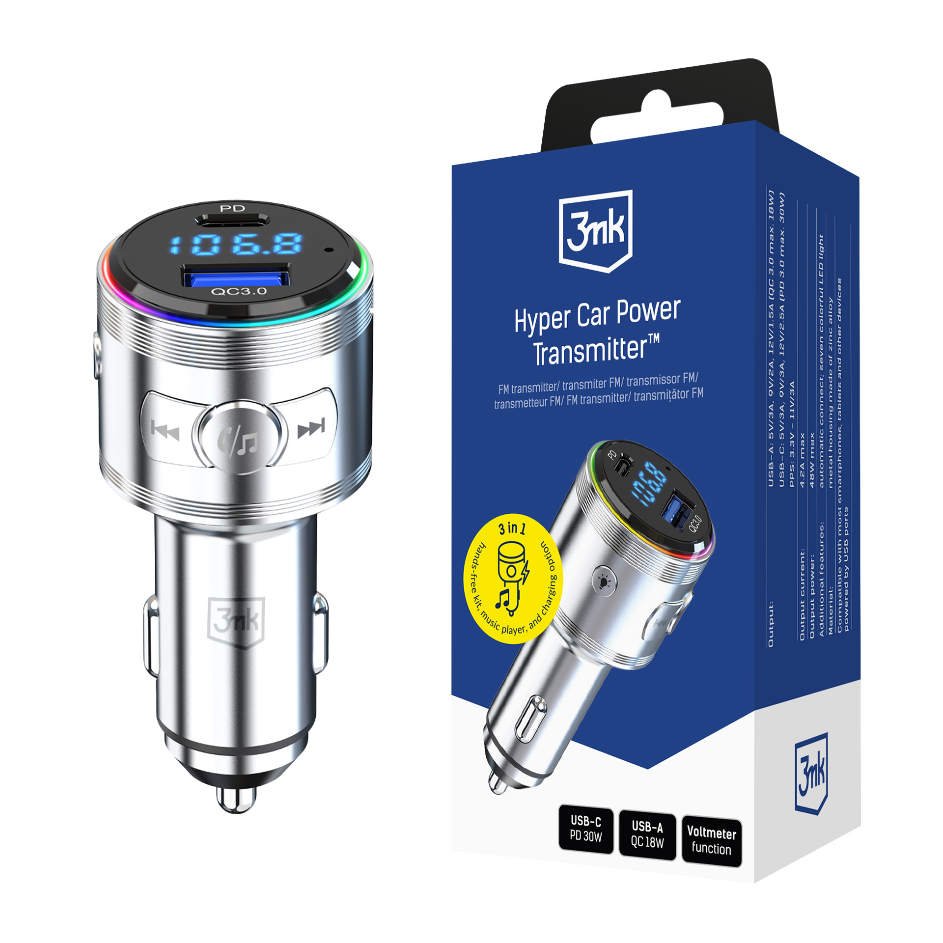 Accessories - 3mk Hyper Car Power Transmitter 48W QC PD PPS USB 1C1A Silver