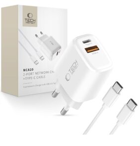 TECH-PROTECT NCA20 2-PORT NETWORK CHARGER PD 20W / QC3.0 + TYPE-C CABLE WHITE