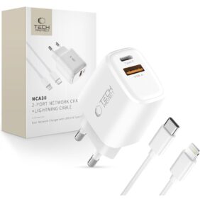 TECH-PROTECT NCA30 2-PORT NETWORK CHARGER PD 30W / QC3.0 + LIGHTNING CABLE WHITE