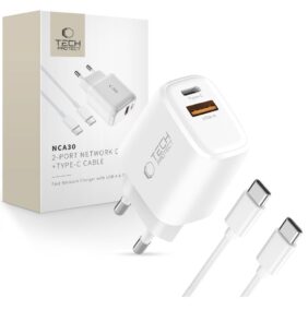 TECH-PROTECT NCA30 2-PORT NETWORK CHARGER PD 30W / QC3.0 + TYPE-C CABLE WHITE
