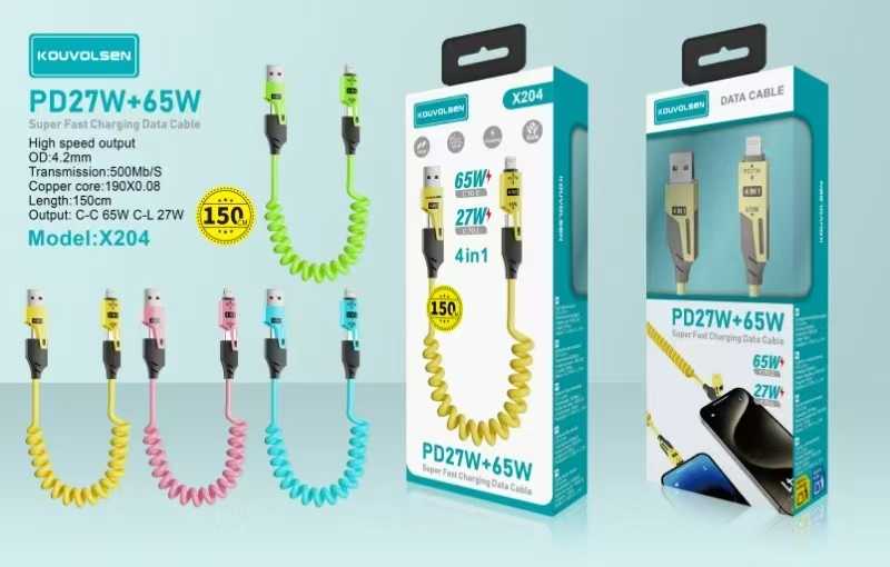 Καλώδιο φόρτισης & data σπιράλ - 4in1 - Fast Charge - X204 - 27-65W - 102048 - Green - Image 2