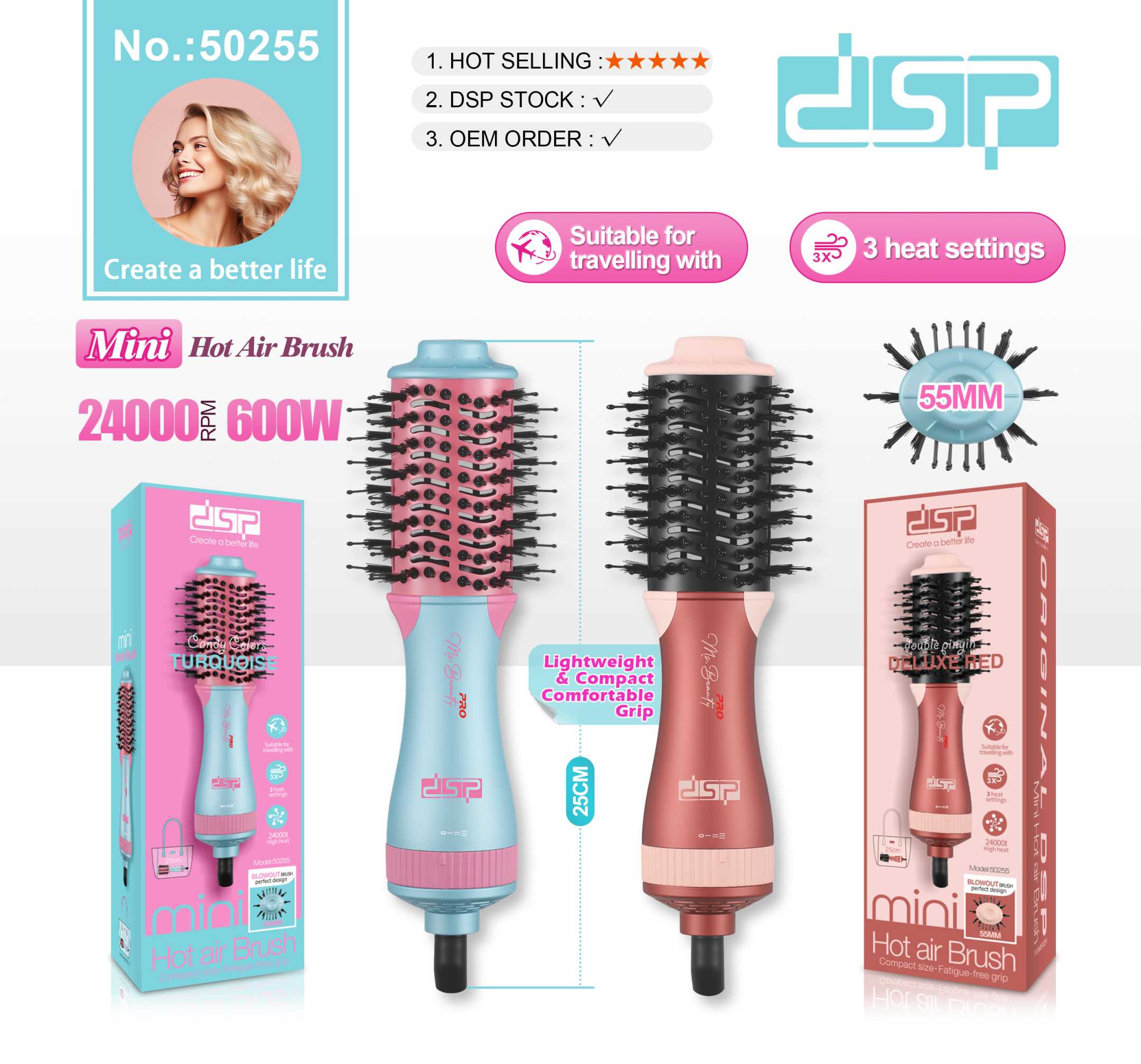 Ηλεκτρική βούρτσα ισιώματος μαλλιών - 50255 - DSP - 350075 - Blue/Pink - Image 2