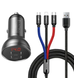 Baseus Φορτιστής Αυτοκινήτου 24W με Καλώδιο USB 3σε1 (USB-C, Lightning, Micro USB) 1.2m (Μαύρο)