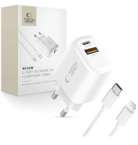 TECH-PROTECT NCA45W-GAN 2-PORT NETWORK CHARGER PD 45W / QC3.0 + LIGHTNING CABLE WHITE