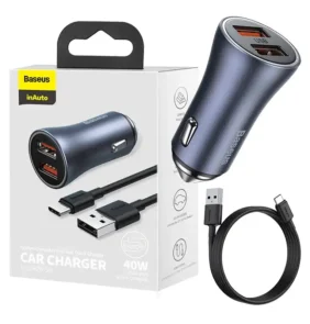 Baseus Φορτιστής Αυτοκινήτου Golden Contactor Pro, 2xUSB, 40W με Καλώδιο USB σε USB-C 1m (Γκρι/Μαύρο)