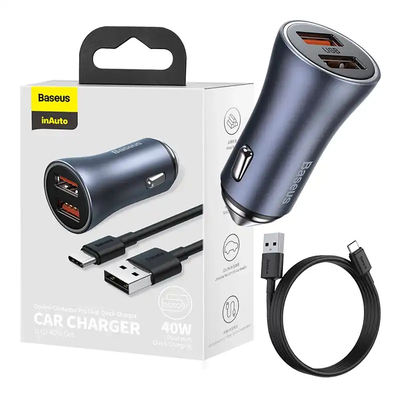 Baseus Φορτιστής Αυτοκινήτου Golden Contactor Pro, 2xUSB, 40W με Καλώδιο USB σε USB-C 1m (Γκρι/Μαύρο)