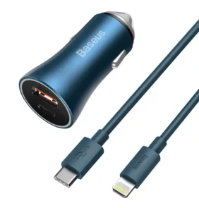 Baseus Φορτιστής Αυτοκινήτου Golden Contactor Pro, USB + USB-C, QC4.0+, PD, SCP, 40W με Καλώδιο USB-C σε Lightning 1m (Μπλε)