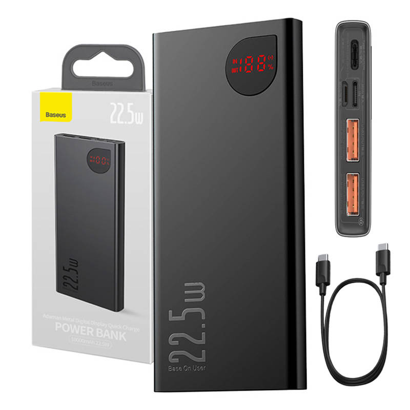 Baseus Powerbank Adaman Metal 10000mAh, 2xUSB, USB-C, Lightning, Micro USB 22.5W (Μαύρο)