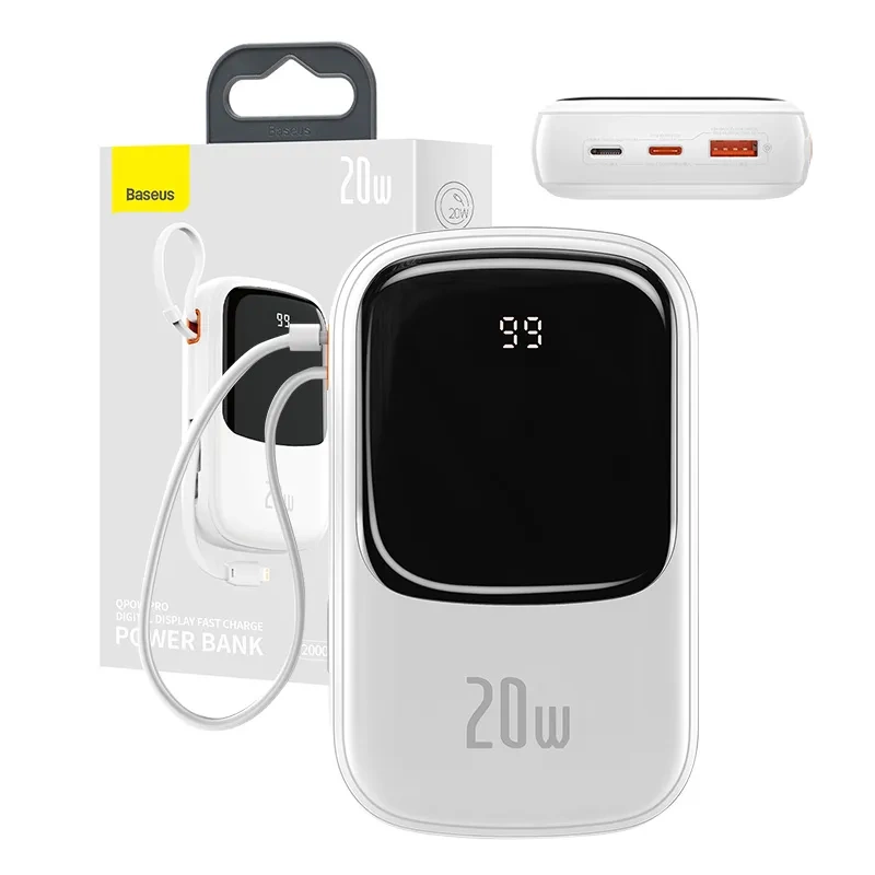 Powerbank Baseus Qpow PRO with Lightning cable, USB-C port and USB 20000mAh, 20W (White)