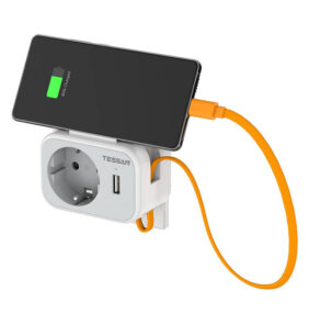 Tessan Πρίζα TS-332-DE με Ενσωματωμένο Καλώδιο USB-C (Λευκό/Γκρι)
