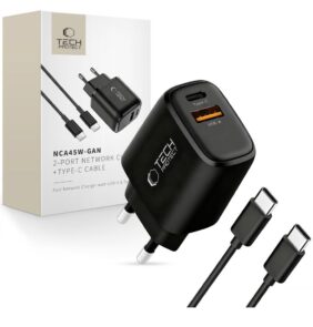 TECH-PROTECT NCA45W-GAN 2-PORT NETWORK CHARGER PD 45W / QC3.0 + TYPE-C CABLE BLACK