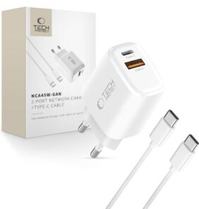 TECH-PROTECT NCA45W-GAN 2-PORT NETWORK CHARGER PD 45W / QC3.0 + TYPE-C CABLE WHITE